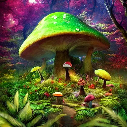 Prompt: Surreal hut in a fantasy forest, colorful mushrooms, artstation, award-winning!!!