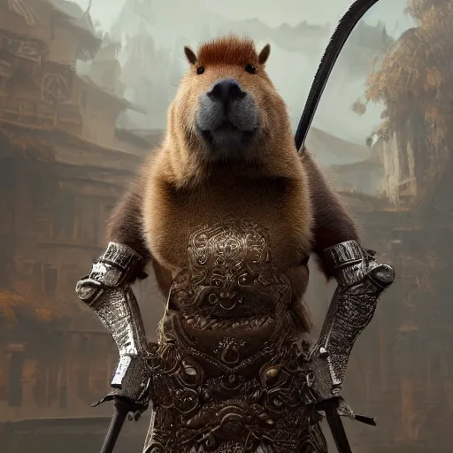 Image similar to fine art matte painting of an anthropomorphic capybara warrior in full intricate armor, ultra detailed, digital art, octane render 4K-H 720