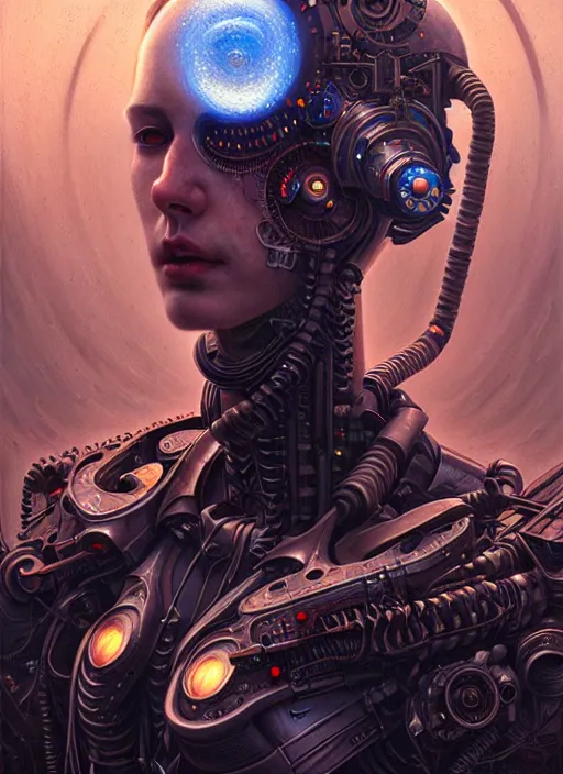 Image similar to portrait of a cyborg, hyper detailed masterpiece, dystopian background, jean giraud, digital art painting, darkwave goth aesthetic, lovecraftian, artgerm, donato giancola and tom bagshaw