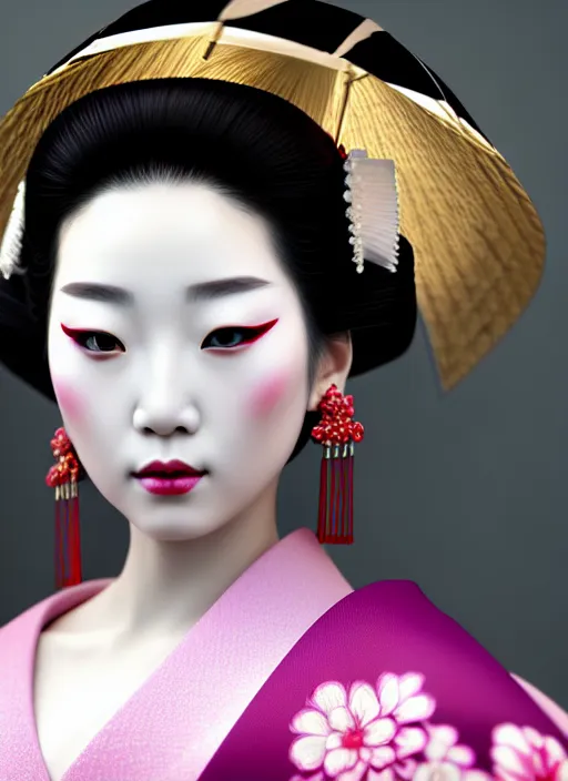 Image similar to Geisha photo portrait, beautiful makeup, pearlescent skin, elegant pose, highly detailed kimono, photorealism, artstation, different point of view, sharp focus, photorealistic, soft diffuse lights, canon 5D 50 mm lens, zen natural background, def of field