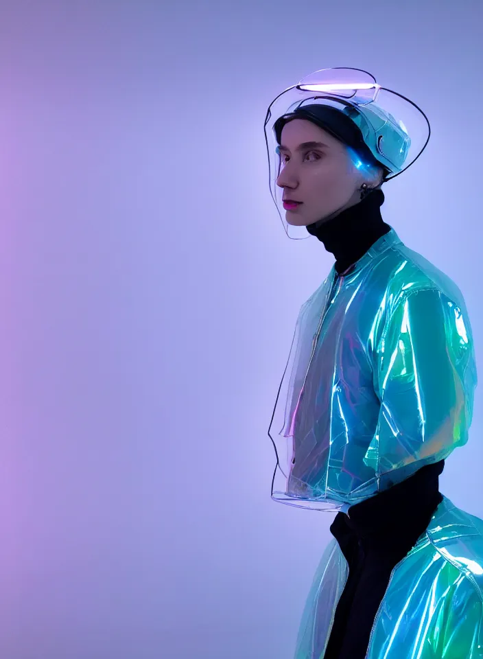 Image similar to an ultra high definition professional studio quality photograph of an artificially intelligent cyberpunk art influencer wearing a transparent iridescent pastel coloured visor and matching wavey raincoat on white coat hook in a sheer icelandic black rock environment. three point light. dramatic lighting. volumetric shadows. light rays