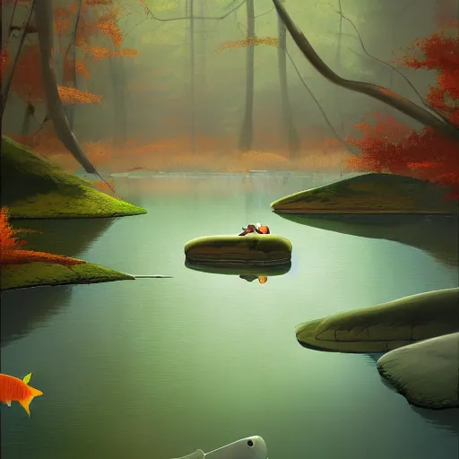 Image similar to goro fujita ilustration a river in the forest with clear water with moss on the edges, while watching a golden carp fish swimming, painting by goro fujita, sharp focus, highly detailed, artstation