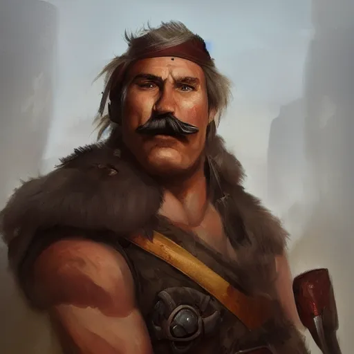 Image similar to portrait old barbarian warrior with trucker mustache and short hair, 8 k, trending on art station, by tooth wu and greg rutkowski