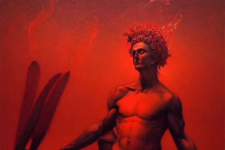 Image similar to only with red, a red melted apollo with a laurel wreath and a flaming sword announce the win, atene in the background, in the style of beksinski, part by hopper, part by rodcenko, part by hofbauer, intricate composition, red by caravaggio, insanely quality, highly detailed, masterpiece, red light, artstation