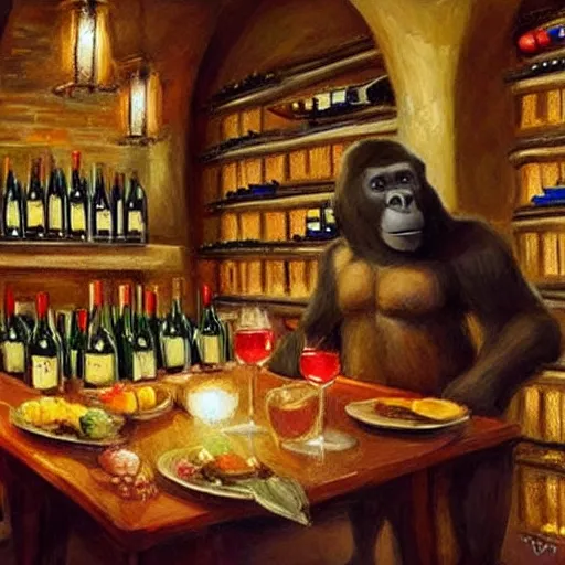 Image similar to wine cellar full of food, torches on the wall, romantic, inviting, cozy, harambe gorilla, painting Vladimir Volegov