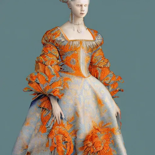 Prompt: a show design by leonardo davinci design by balenciaga ,satan ,silk blue and orange,pastel colours ,white background , hyper realistic, highly detailed, fashion design, baroque, matte painting, concept art, hdri, 4k