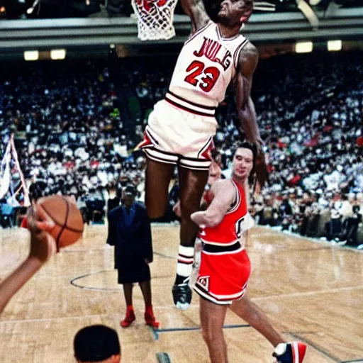 Prompt: jfk dunking on michael jordan. 1990s.