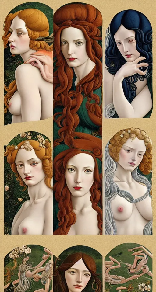 Image similar to the 12 months of the year as figures, (3 are Winter, 3 are Spring, 3 are Summer and 3 are Autumn), in a mixed style of Botticelli and Æon Flux, inspired by pre-raphaelite paintings and shoujo manga, hyper detailed, stunning inking lines, flat colors, 4K photorealistic