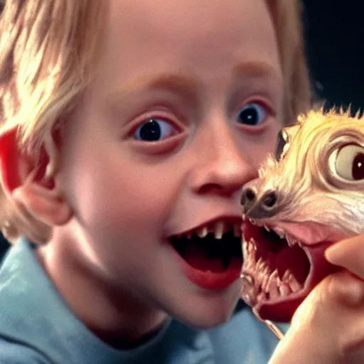 Image similar to Macaulay Culkin eats gremlins, hyper realistic, 4k, 8k, cinematik