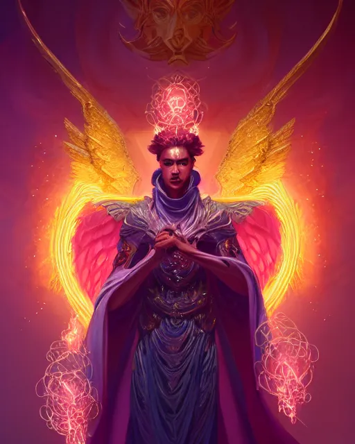Prompt: a character portrait of only one male angel of justice with golden fiery wings, surrounded with spiriling sparkling rose crystals, by peter mohrbacher, hyper light drifter, jim burns, marina abramovic, wadim kashin, greg rutkowski, trending on artstation