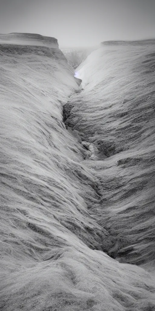 Prompt: dream looking through a hyper realistic photograph of a ice covered canyon, minimal structure, futureistm landscape, misty, icelandic valley, small stream over black rock, timed exposure, in the style of reuben wu, roger deakins