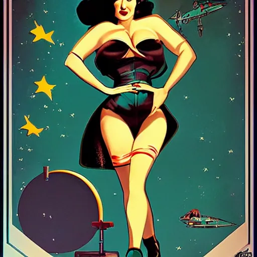 Image similar to a retro sci - fi pinup illustration of dita von teese in the style of gil elvgren.