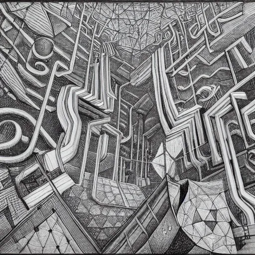 Image similar to a non - euclidean city by the river with a forest, detailed drawing by m. c. escher