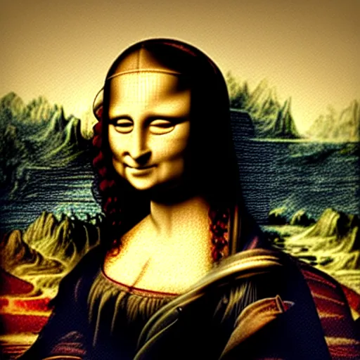 Prompt: photo of Mona Lisa in the style of a pre historical Cave Painting, dslr