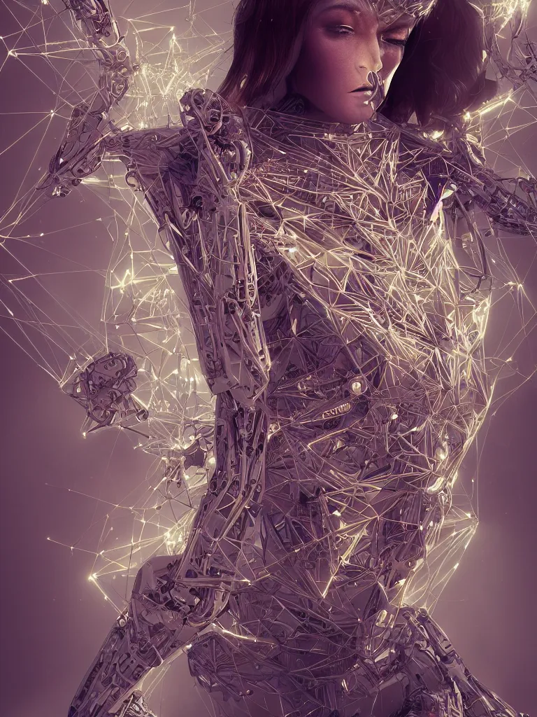 Image similar to a photo of a robotic woman covered in modular synthesizer parts surrounded by sacred geometry made from elven architecture, full body, perfect face, powerful, cinematic, beautifully lit, by artgerm, by karol bak, 3 d, octane render, 8 k