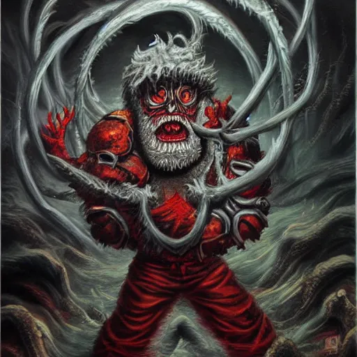 Image similar to terrifying monster Santa full dramatic shot, Lovecraft, oil painting, epic, ultra detailed, intricate