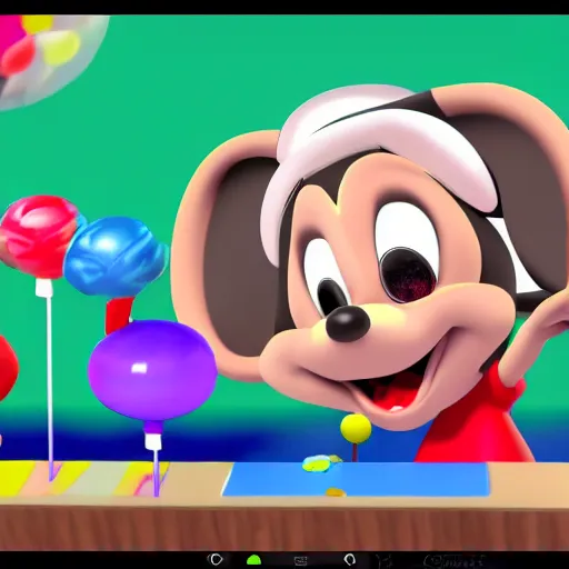 Image similar to mikey mouse with lollipops instead of ears meditating in a 3 d video game screenshot