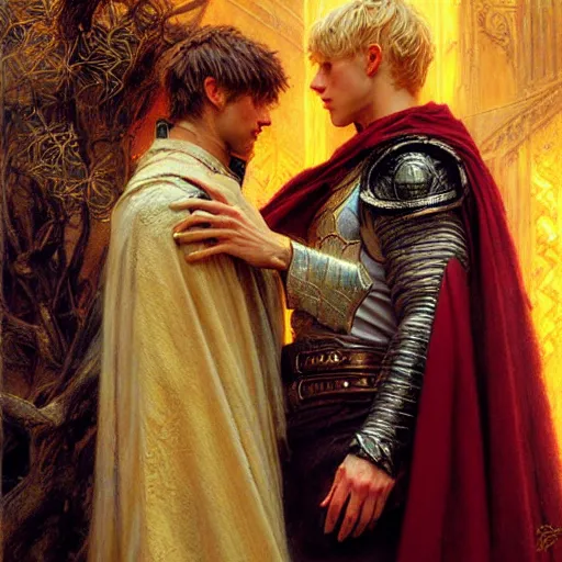 Image similar to stunning arthur pendragon in love with stunning male merlin the mage. they are close to each other. highly detailed painting by gaston bussiere, craig mullins, j. c. leyendecker