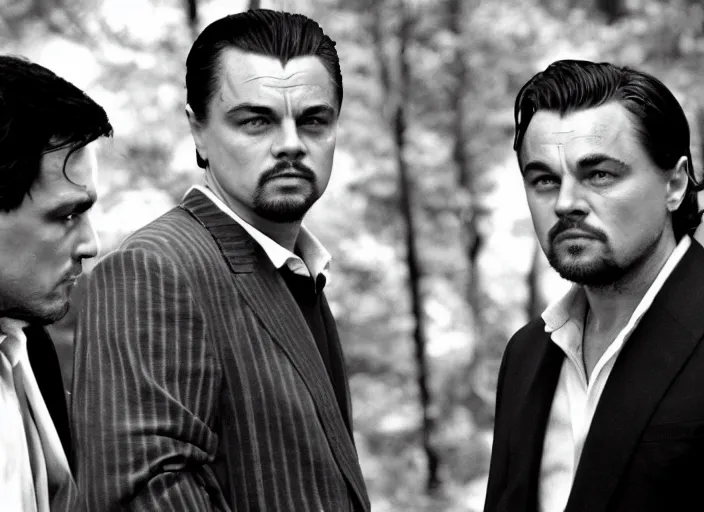 Prompt: an action scene from the movie scarface, medium long shot, filmed in the dark woods, a cabin in the background, leonardo dicaprio and daniel day - lewis, sharp eyes, serious expressions, detailed and symmetric faces, black and white, cinematic, epic,