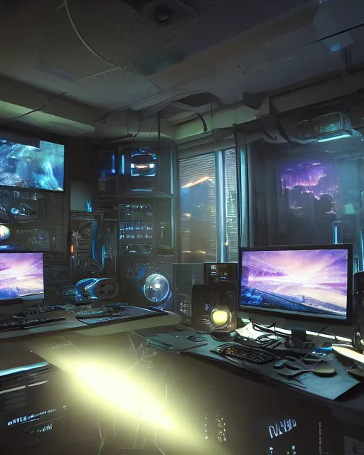 Image similar to artstation scifi scene of a complex computer workstation in a small studio apartment room, many monitors, many electronics, a window view, very detailed, maximalism, ambient occlusion, volumetric light, sun rays, atmospheric haze, unreal engine, hyper realism, realistic shading, cinematic composition, realistic render, octane render, detailed textures, photorealistic, wide shot