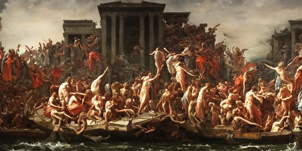 Prompt: a mix between the raft of the medusa and the school of athens, matte painting, oil canvas, photorealistic illustration, extreme detail, hyper realistic, highly detailed