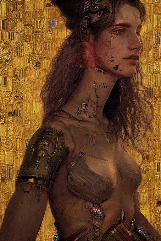 Image similar to portrait of beautiful young maiden, warhammer, cyberpunk, a lot of scars, readhead, the future ages, highly detailed, artstation, illustration, art by gustav klimt, 8 k quality