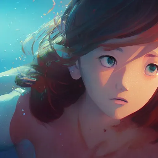 Prompt: underwater, submerged. cgsociety masterpiece, artstation trending, by rossdraws, ghibli, kimi no na wa, greg rutkowski, simon stalberg, greg manchess