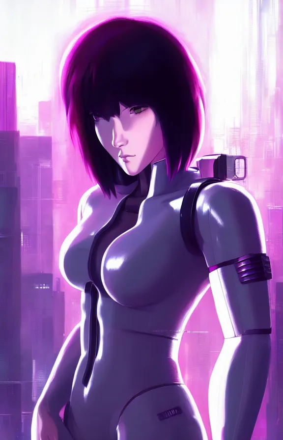 Image similar to a still fullbody portrait of motoko kusanagi ghost in the shell, finely detailed features, closeup at the faces, perfect art, at a cyberpunk city, gapmoe yandere grimdark, trending on pixiv fanbox, by ilya kuvshinov, rossdraws, artgerm