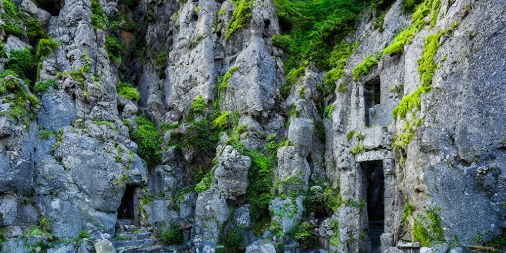 Prompt: entrance to a dungeon of the gods at the base of an ancient mountain in the morning light, in the style of Studio Ghibli, by Hayao Miyazaki, polarizer filter