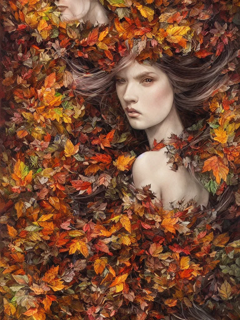 Prompt: a chaotic whirlwind of autumn leaves, intricate details, aesthetically pleasing and harmonious natural colors, art by marco mazzoni, impressionism, detailed, dark, wind, not a portrait