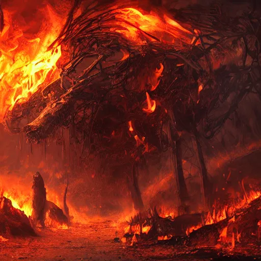 Prompt: A firey, hellish world with black ivory skeletons, dynamic lighting, cinematic, ultra detailed, creative, stunning visuals, hyperrealism, trending on art station