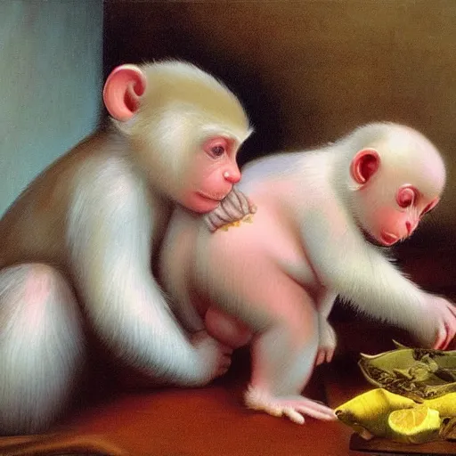 Image similar to magical scene. the sweet old very fat baby white monkey, red lips, blue eyes, is in love with her fancy beautiful colorful white fish. close up. clear face. subsurface scattering shiny skin. cinematic scene. glossy. highly detailed, color harmony, art station, ornate, caravaggio style. 3 d, beautiful lighting, old photography