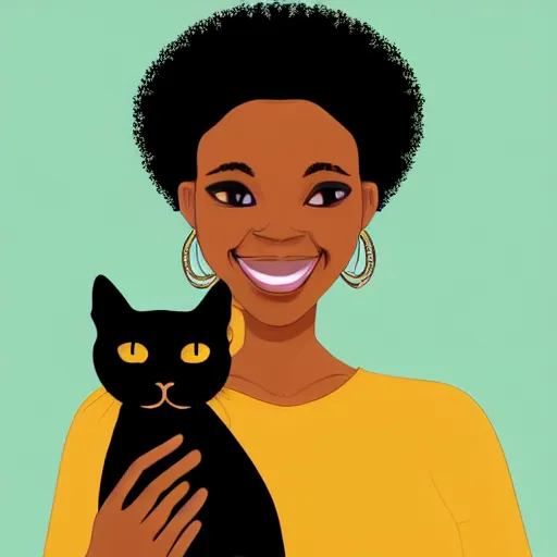 Image similar to an adult black woman, light skin, colorful ornate earrings, curly 3 c black hair, smile on her face, brown eyes, holding her small black bombay cat in the style of alex grey, trending on art station 8 k