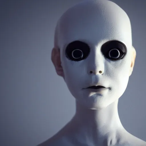 Image similar to A mannequin with white glowing eyes, sitting in a pitch black room, staring!!!!! into the camera, creepy atmosphere, eerie and grim art style, photorealistic facial features, close-up!!!!!!, trending on artstation, 4k, 8k