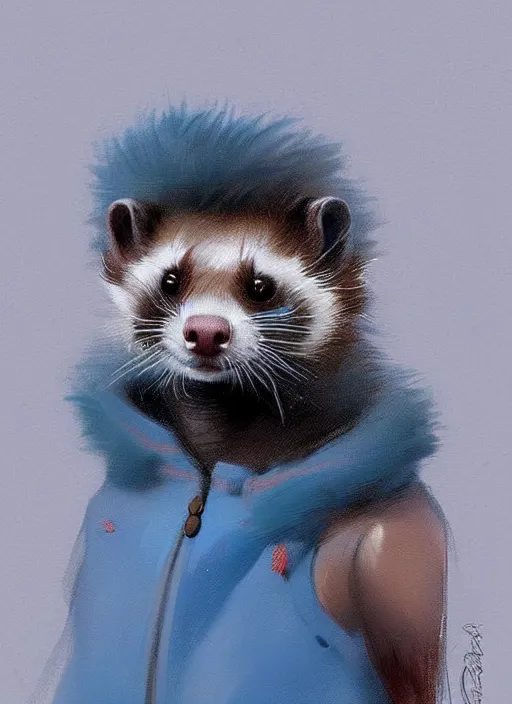 Image similar to very detailed masterpiece painting of a ferret wearing a fuzzy blue coat, portrait, artstation, concept art by greg rutkowski