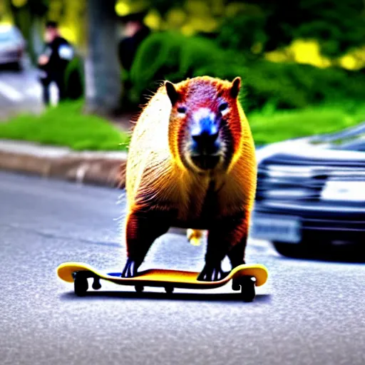 Prompt: capybara on skateboard being chased by police cars , 4k , HD , cops are looking for capybara