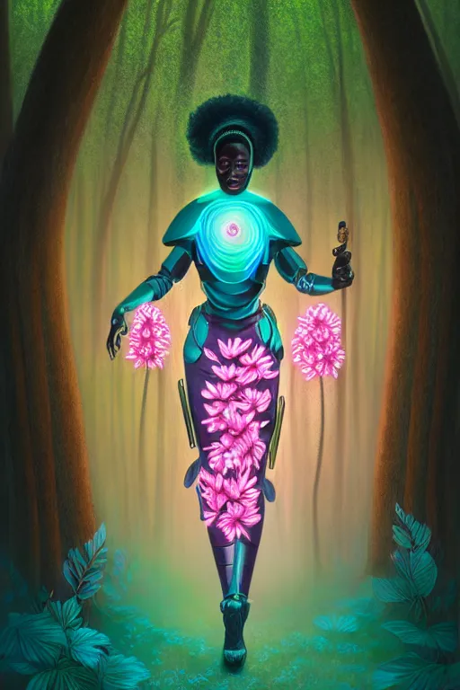 Image similar to illustration neo - victorian cinematic super expressive! yoruba goddess with exoskeleton armor, merging with tree in a forest, pink yellow flowers, highly detailed digital art masterpiece, smooth etienne sandorfi eric zener dramatic pearlescent soft teal light, ground angle hd 8 k, sharp focus