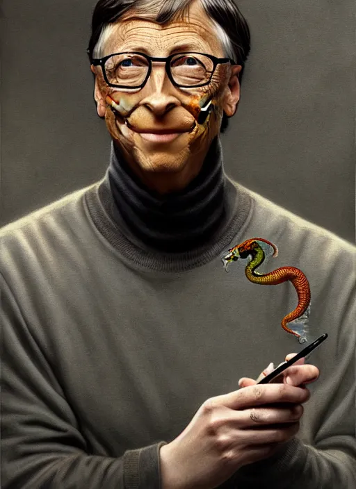 Image similar to bill gates with reptile skin!!!, holding a syringe, portrait, intricate, elegant, highly detailed, digital painting, artstation, concept art, wallpaper, smooth, sharp focus, illustration, art by h. r. giger and artgerm and greg rutkowski and alphonse mucha