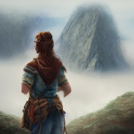 Image similar to highly detailed beautiful digital portrait painting of an adventurer woman facing away from the camera, looking at cliffs and mountains in the distant fog, trending on artstation, cgsociety