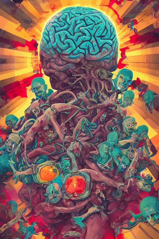 Prompt: a bloody brain on top of a pile of zombies, Tristan Eaton, victo ngai, artgerm, RHADS, ross draws