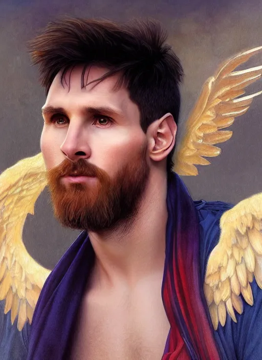 Image similar to portrait lionel messi male beautiful angel, full length shot, shining, 8 k highly detailed, sharp focus, illustration, art by artgerm, mucha, bouguereau