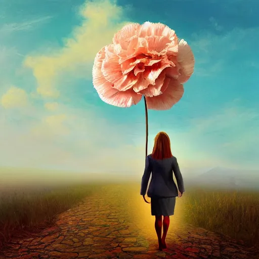 Image similar to giant carnation flower head, girl in a suit, on a path, surreal photography, sunrise, dramatic light, impressionist painting, digital painting, artstation, simon stalenhag