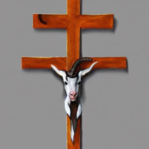 Prompt: reversed crucifix of a goat, photorealistic, high details