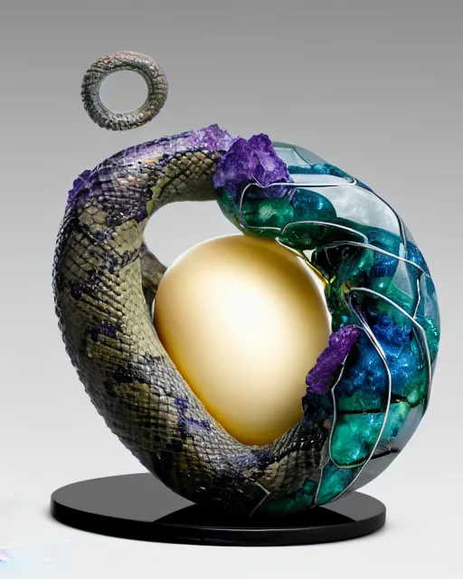 Prompt: a photo of a sculpture of a snake from blue and emerald and amethyst crystal geode formations encircling a marble egg on a base of obsidian made with liquid gold tendrils by ellen jewett by stanisław szukalski, octane render, recursive, tendrils, elestial crystals, geode, refracted light