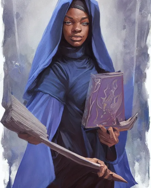 Image similar to a female dnd wizard's portrait by ray swanland and rhads, black, african, blue robes, papers and tomes
