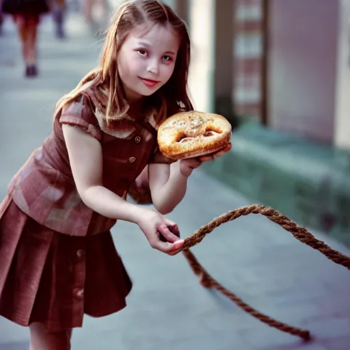 Image similar to photo of cute soviet schoolgirl, holding bagels on a rope, street of moscow, shallow depth of field, cinematic, 8 0 mm, f 1. 8