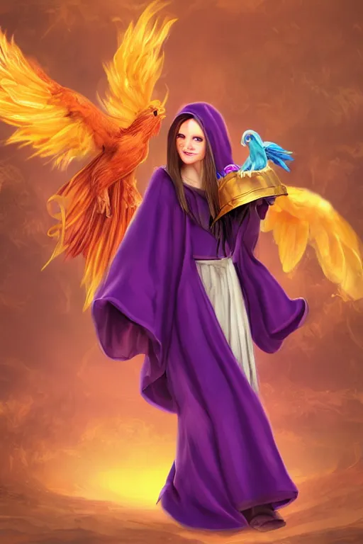 Prompt: Young beautiful short woman in purple witch robes with a small pet phoenix on her shoulder, full body shot, digital art, detailed render