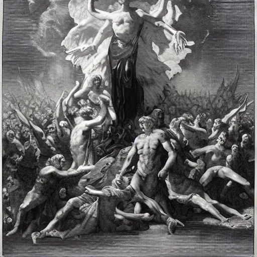 Prompt: the apotheosis of richard milhous nixon, an engraving by gustave dore and mark riddik