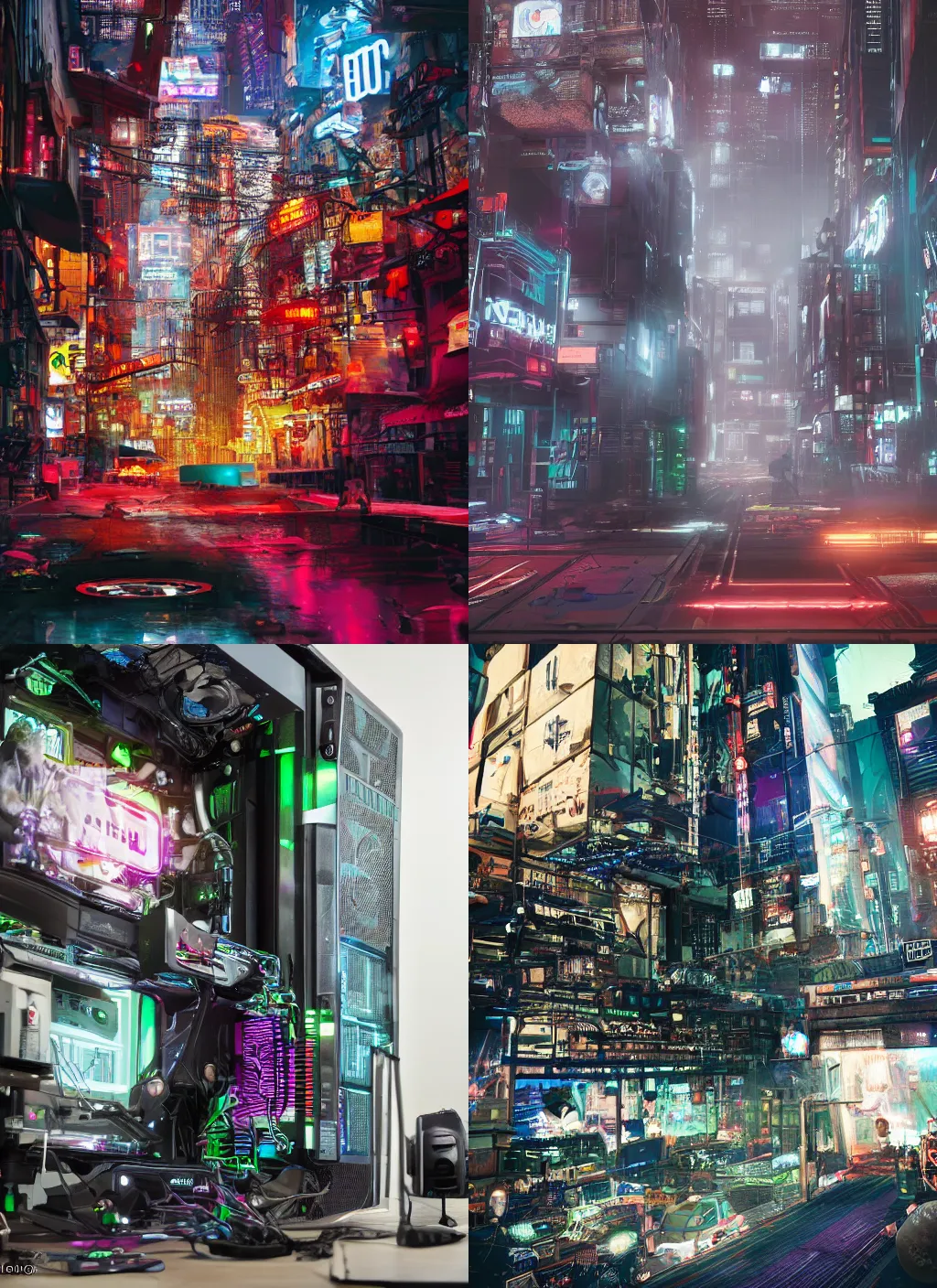 Image similar to photo of a gaming computer with a cyberpunk city inside, 8 k, 8 5 mm f 1. 8