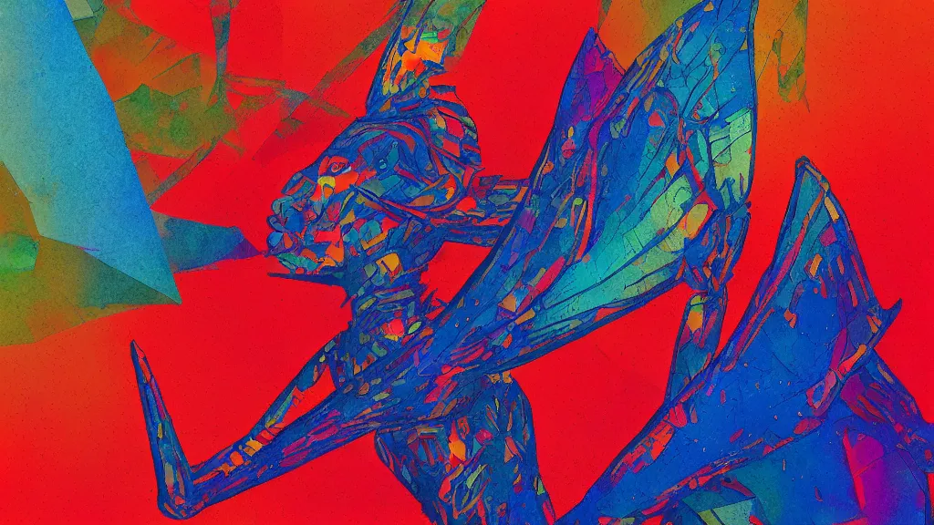 Prompt: suprematism art style of Female humanoid hybrid butterfly by Morris Louis, Laurie Greasley rainbowcore, classical realism sparklecore, fantastic realism Details: Complex, sci-fi macro lens, panorama colorful lighting Styles, light-red, Colors, dark-blue